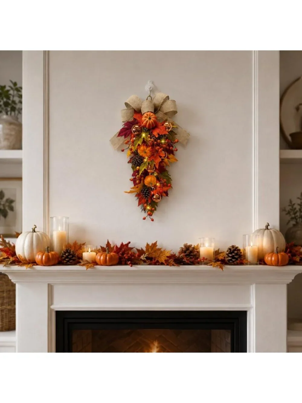 24” Pre-Lit Fall Teardrop Swag - LED Lights, Pumpkins, Maple Leaves & Burlap Bow